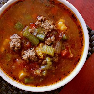 Low Carb Hamburger Soup. You won't miss the carbs in this delicious Low Carb Hamburger Soup. Loaded with cauliflower and tomatoes, this hot bowl of yumminess will be the guilt free delight of your day.