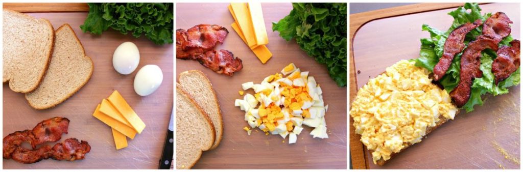 A classic Egg Salad Sandwich loaded with crispy bacon and sharp cheddar cheese. 