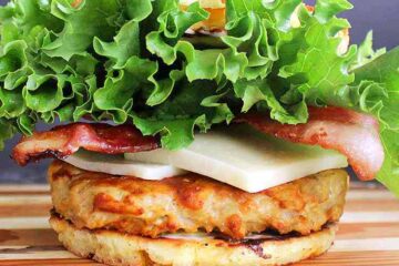 Low carb turkey burger with cheddar, bacon and lettuce on a 90 second keto bread.