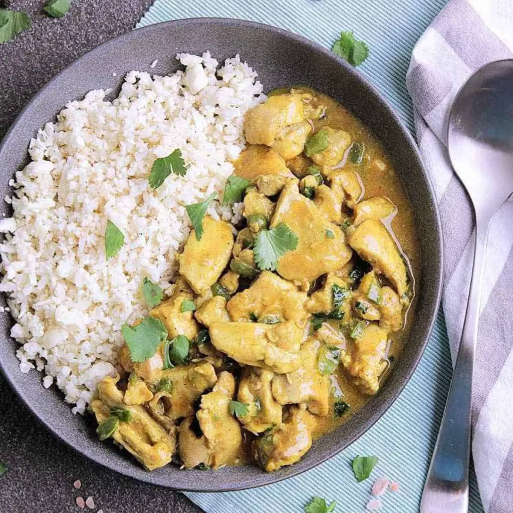 Bowl of keto thai coconut curry chicken.