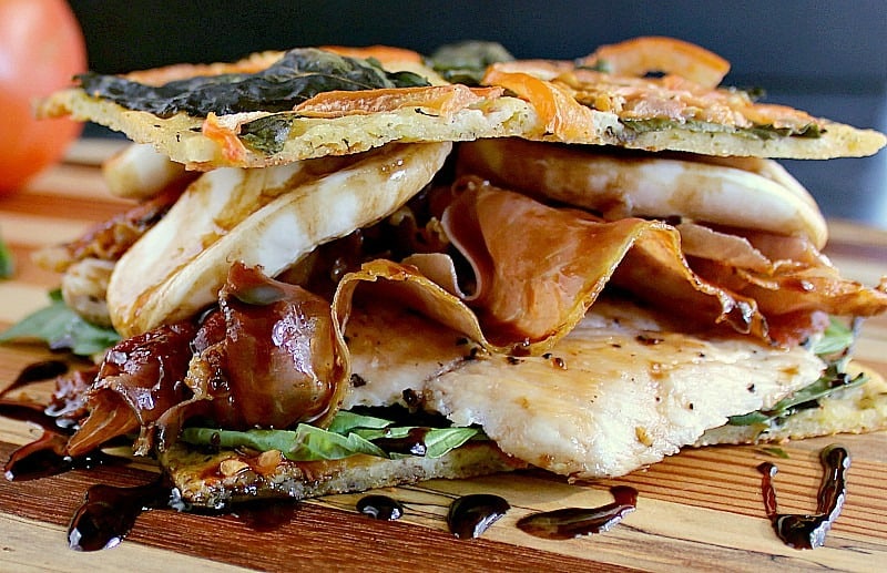 Focaccia. Grilled Chicken. Toasted Prosciutto. Fresh basil, bocconcini and balsamic reduction. Lunch doesn't get better than this Low Carb Chicken Sandwich!