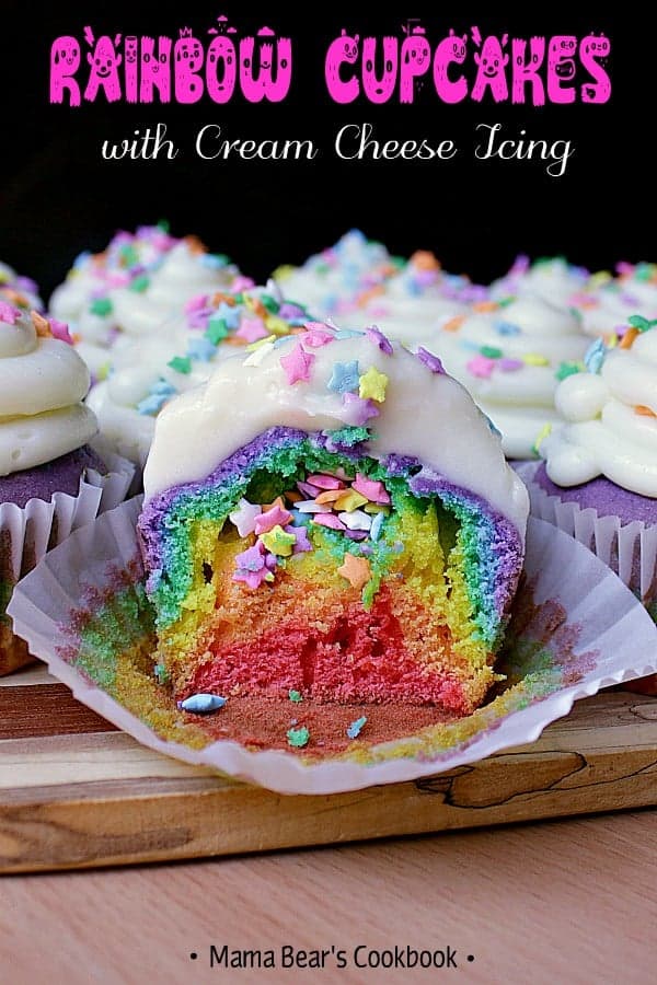 These super fun and delicious rainbow cupcakes with a perfect cream cheese icing are great for birthdays and baby showers! #cupcakes #rainbow #babyshower #birthday #dessert #mamabearscokbook