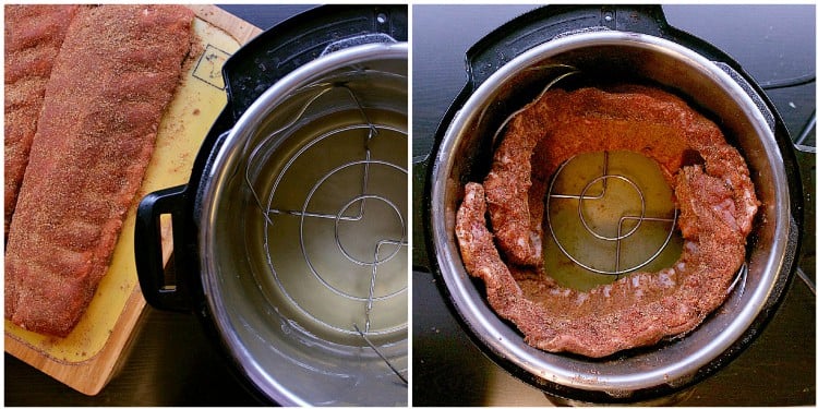 Photo on left: Ribs all covered in rub and ready for the instant pot. Photo two: Ribs inside the instant pot in a circle.