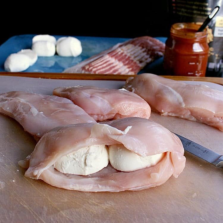 Pocket cut into the chicken breast and stuffed with bocconcini.
