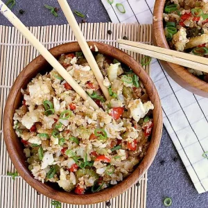 Two bowls of cauliflower fried rice.