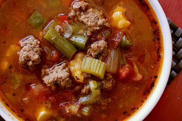 Bowl of low carb hamburger soup.