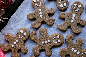 Baking sheet with decorated keto gingerbread cookies.