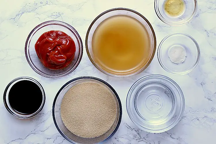 A dish of each: sesame oil, xanthan gum, water, apple cider vinegar, almond flour, ketchup and soy sauce.