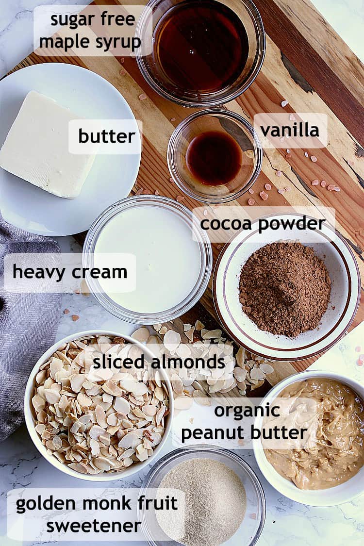 Separate little dishes of all of the different ingredients needed to make keto no bake cookies.