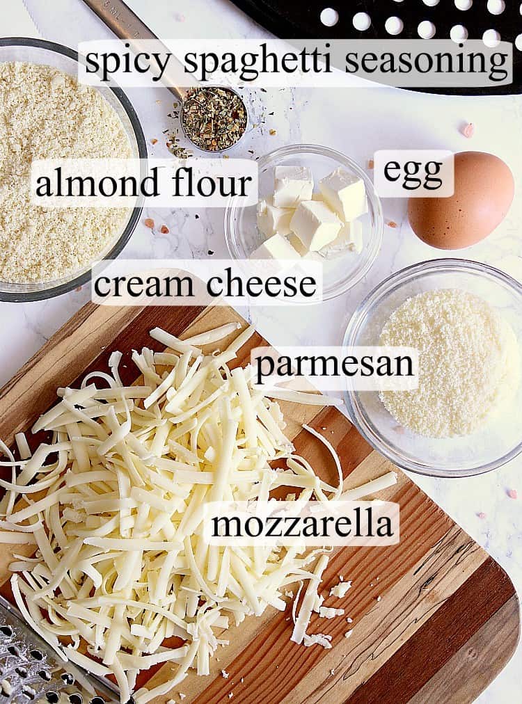 Fathead Pizza Crust ingredients laid out and labelled. 
