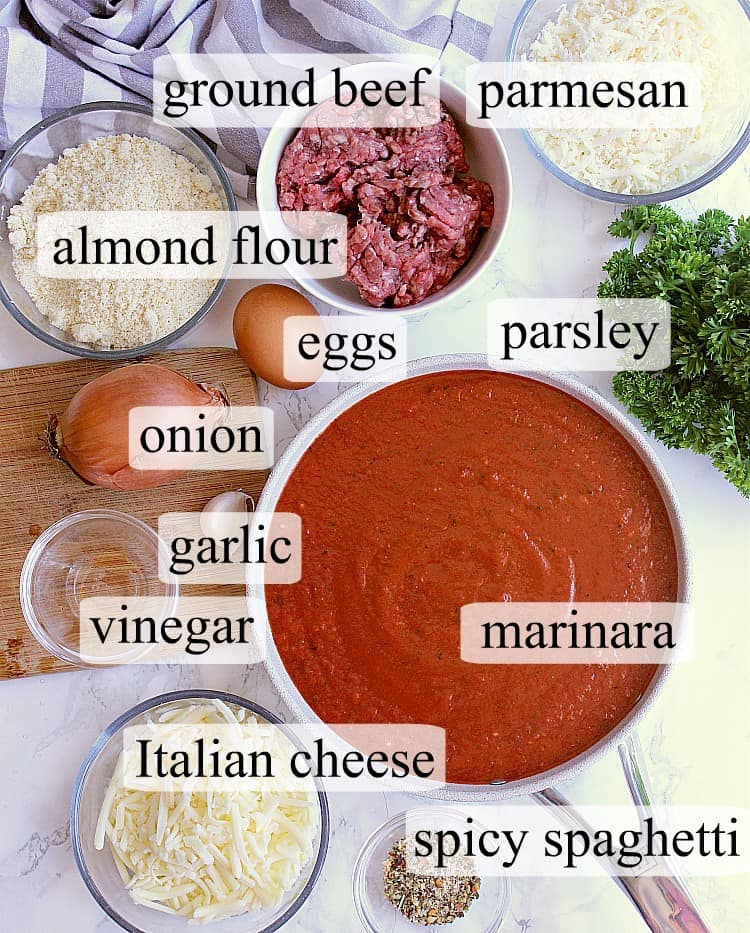 A visual list of major ingredients needed to make keto meatball subs.