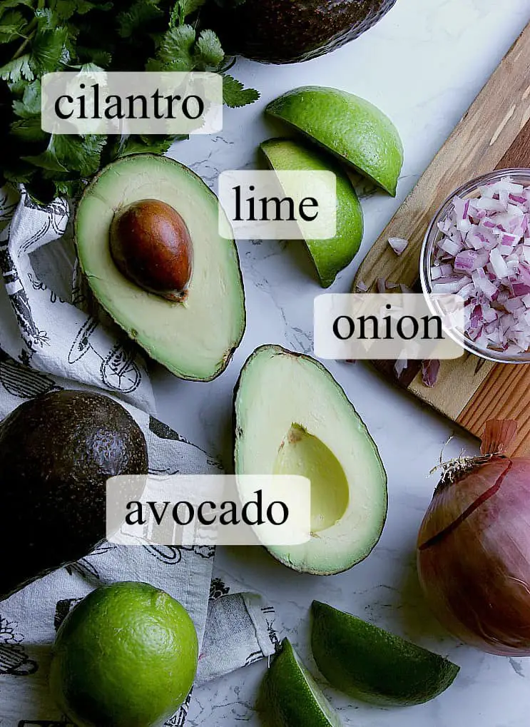 Pictured are the staple ingredients to make a keto guacamole: avocado, lime, onion and cilantro.