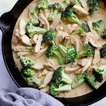 Skillet with keto alfredo chicken and broccoli.
