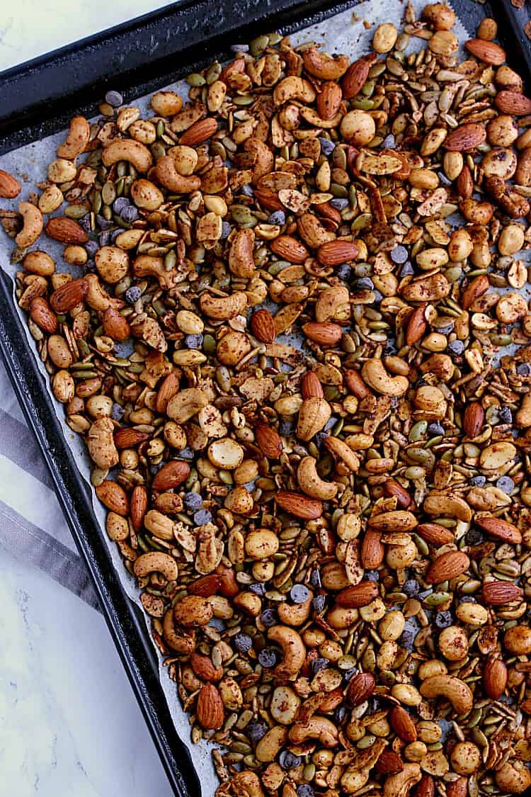 Baking sheet with cooled Keto Trail Mix.