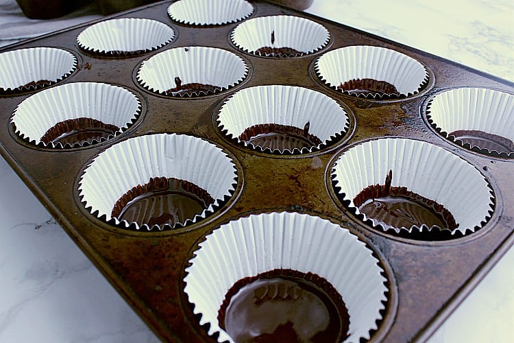 A muffin tin lined with paper liners. Each liner has chocolate in the bottom and has been pushed a little ways up the sides.