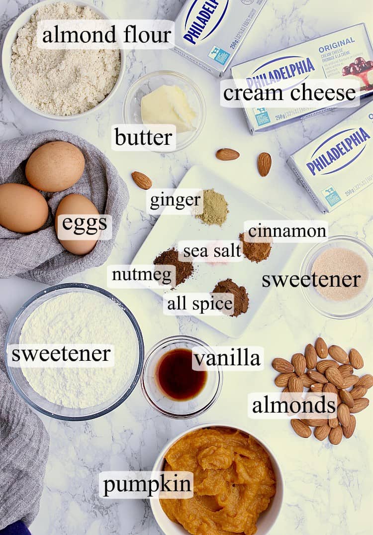 All ingredients used to make this Keto Pumpkin Cheesecake.