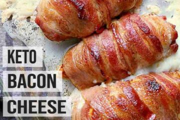 A baking dish with 4 bacon wrapped stuffed chicken breasts, fresh from the oven.