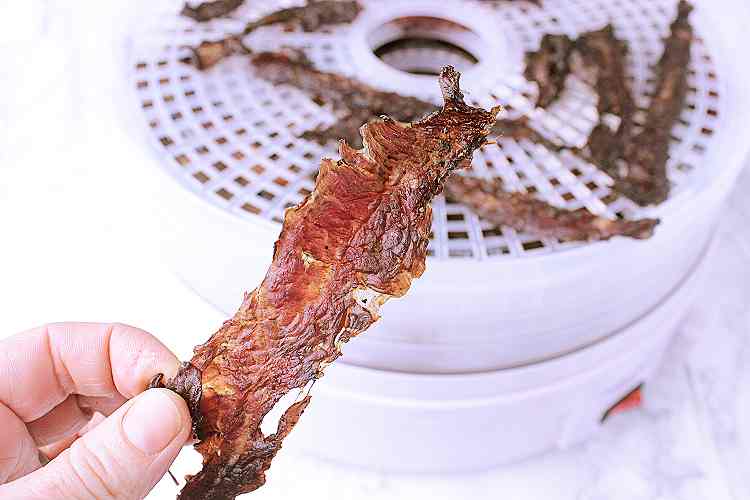 A strip of finished beef jerky.