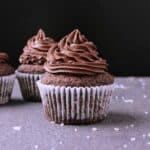 3 keto chocolate cupcakes with chocolate frosting.