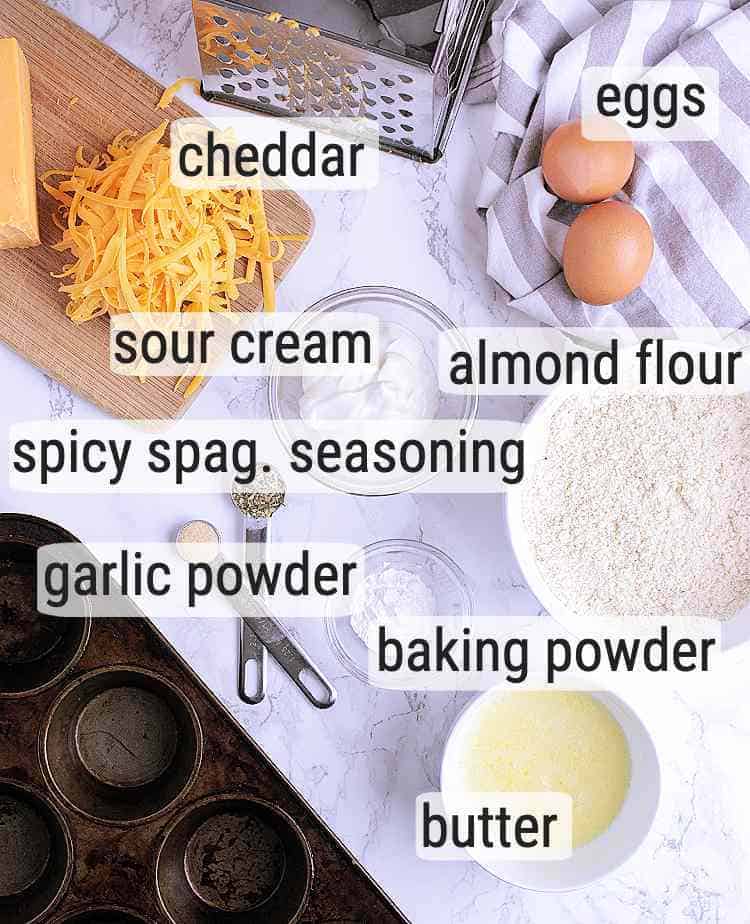 All ingredients used to make Keto Cheddar Biscuits.