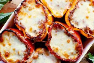 6 Keto Stuffed Peppers in a baking dish.