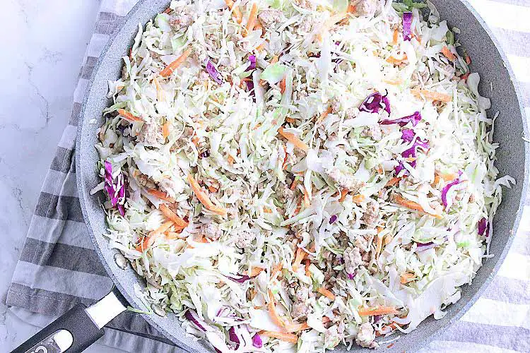 A skillet with cooked ground pork and coleslaw.