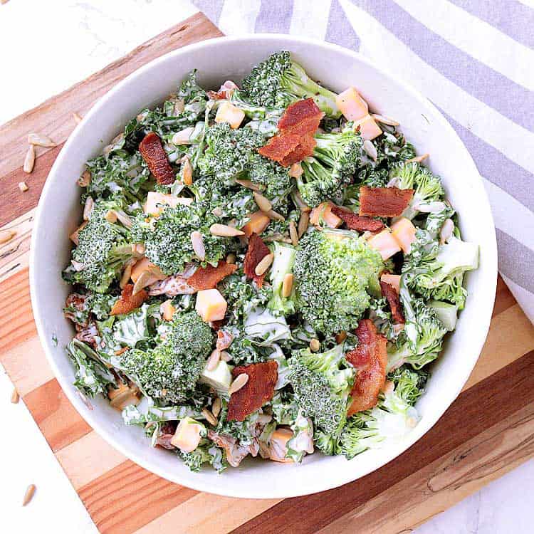 A white bowl with Keto Broccoli Salad.