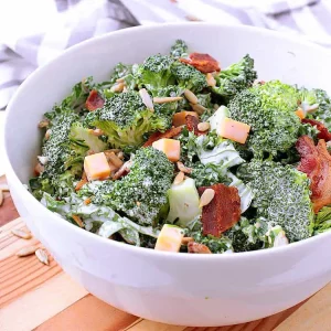 A white bowl with Keto Broccoli Salad